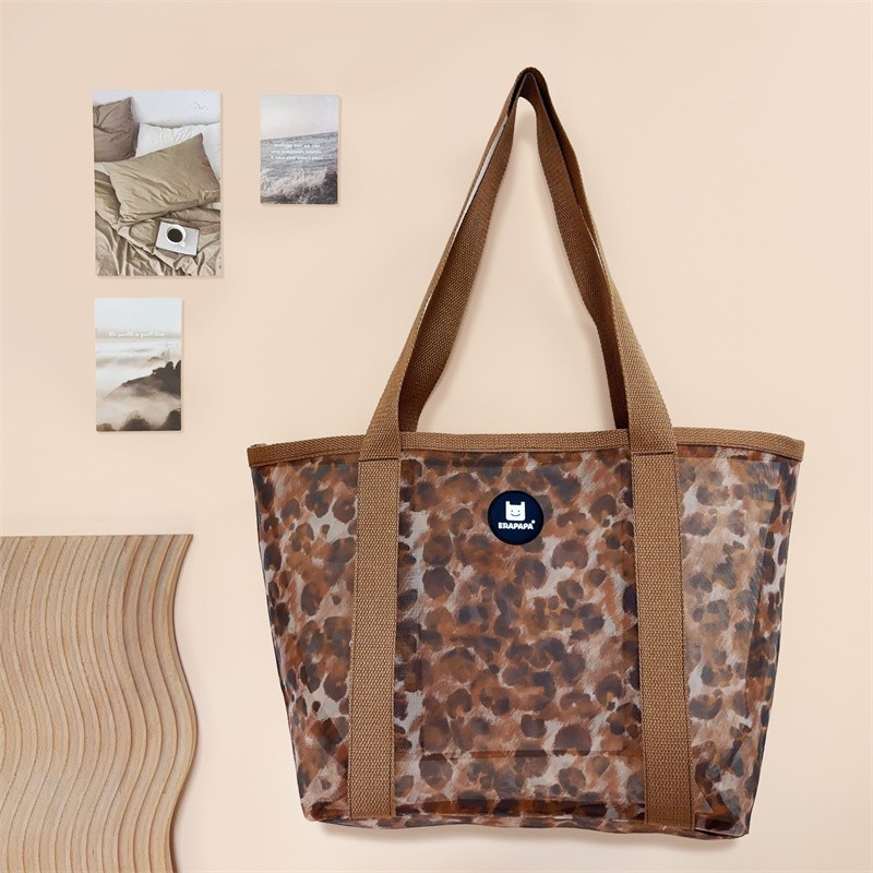 Customized Polyester Mesh Tote Bag Zipper Breathable Woven Shopping Handled Bag