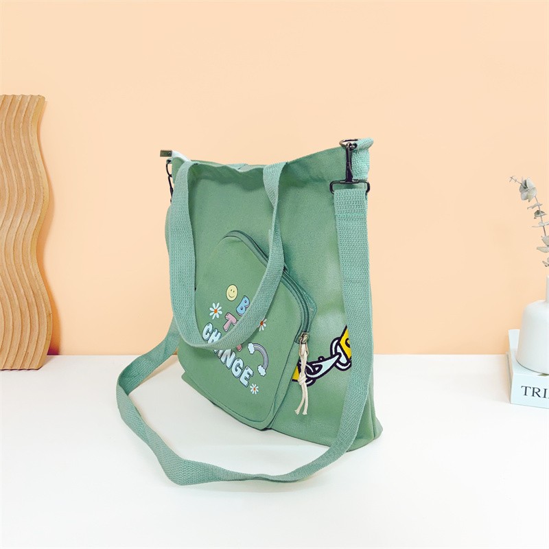 Convertible Crossbody Canvas Tote Angled Zipper Pocket Fashionable Shopping Bag